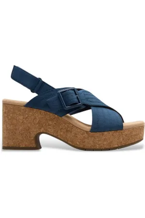 Clarks Para mulher. 26181793 Sandálias Nerisa West em pele azul-marinho (35.5), Couro, 5 a 8cm, Fivela, Velcro, Casual