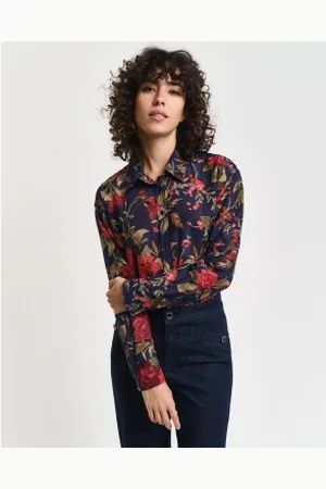 GANT Para mulher. 4300419 Camisa de corte descontraído em seda e algodão com estampado rosa-marinho (36), Casual, Manga comprida