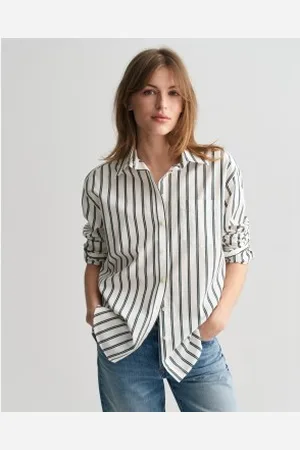 GANT Para mulher. 4300239 Camisa de popelina às riscas verdes de corte descontraído (34), Casual, Algodão, Manga comprida
