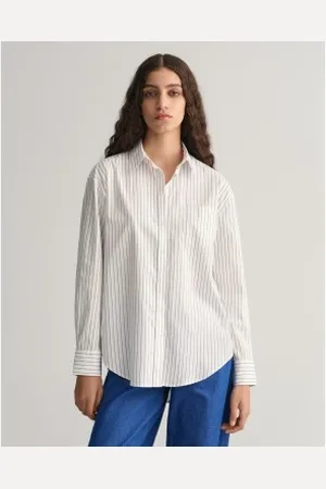 GANT Para mulher. 4300239 Camisa de popelina às riscas brancas de corte descontraído (32), , Casual, Algodão, Manga comprida