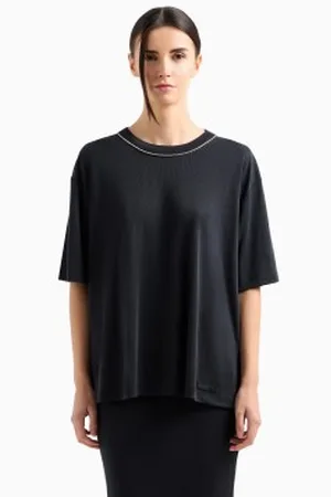 EA7 Para mulher. 7W000340_AF12956 T-shirt Precious com gola redonda em mistura de modal preto (L), Casual, Manga curta