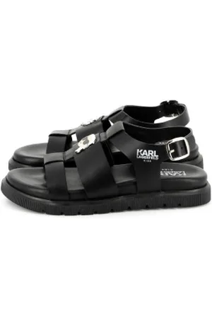 Karl Lagerfeld Para menina. Z30372 Sandálias de couro preto (33), Plano, Fivela, Casual, moda infantil