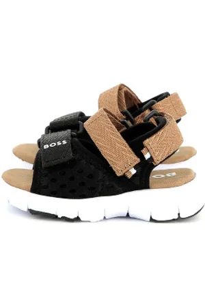 HUGO BOSS Para menino. J52159 Sandálias com tiras cruzadas pretas (24), Plano, Velcro, Casual, moda infantil