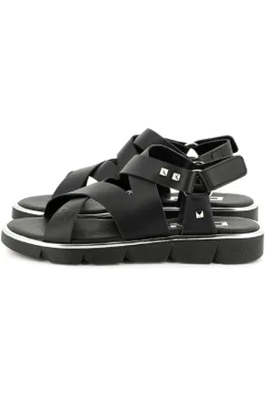 DKNY Para menina. D62090 Sandálias de couro preto (29), Plano, Velcro, Casual, moda infantil