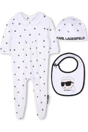 Karl Lagerfeld Para menino. Z30511 Conjunto de pijama, babete e touca brancos (1mes= 54cm), Homewear, Manga comprida, Algodão orgânico, Sust