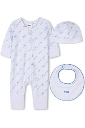 HUGO BOSS Para menino. J52219 Conjunto pijama + babete + gorro azul claro (3meses= 60cm), Homewear, Algodão, Manga comprida, moda infantil