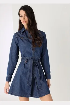 Lois Para mulher. 448082541 Vestido curto estilo ocidental com mangas compridas azul-marinho (XS), Casual, Algodão, Manga comprida