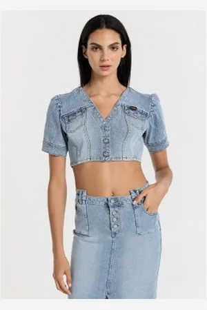 Lois Para mulher. 431552610 Top de ganga com mangas bufantes azuis (S), , Casual, Algodão, Manga curta
