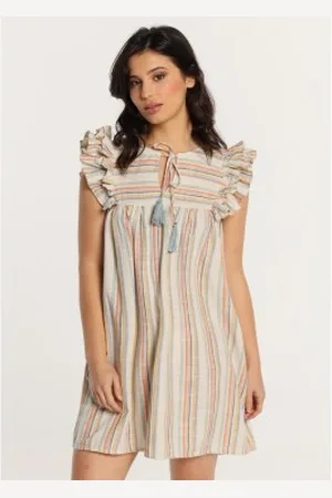 Lois Para mulher. 447942490 Vestido curto sem mangas com folhos no ombro estilo rústico com riscas (XS), Casual, Algodão, Manga curta