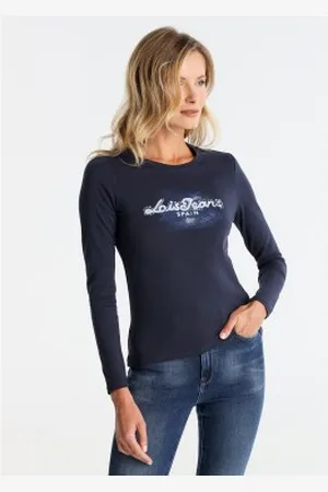 Lois Para mulher. 422882659 T-shirt com logótipo gráfico no peito em azul-marinho (XS), Casual, Algodão, Manga comprida