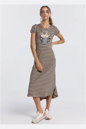 Lois Para mulher. 447612280 Vestido comprido às riscas castanhas (XL), , Casual, Poliéster, Manga curta