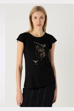 Lois Para mulher. 422742533 T-shirt de manga curta com rufo gráfico de lurex leopardo preto (XS), Casual, Viscoso
