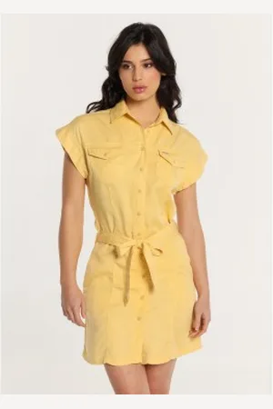 Lois Para mulher. 447832496 Vestido curto com botões em tecido tencel com cinto amarelo na cintura (XS), Casual, Algodão, Manga curta