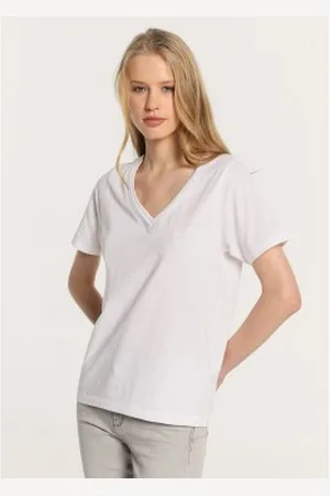 Lois Para mulher. 422652498 T-shirt básica de manga curta com gola dupla em V com nervuras branca (XS), , Casual, Algodão