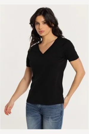 Lois Para mulher. 422652498 T-shirt básica de manga curta com gola dupla em V preta (XS), , Casual, Algodão