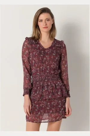 Lois Para mulher. 447722374 Vestido curto com estampado floral cor de vinho (XS), Casual, Poliéster, Manga comprida, Borgonha
