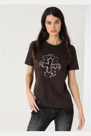 Lois Para mulher. 422752544 T-shirt de manga curta com strass castanho ocidental (XS), , Casual, Algodão