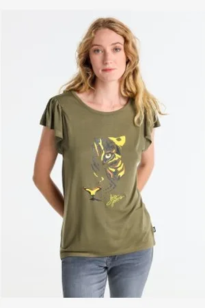 Lois Para mulher. 422742533 T-shirt com folhos em lurex com gráfico de leopardo verde (XS), Casual, Viscoso, Manga curta