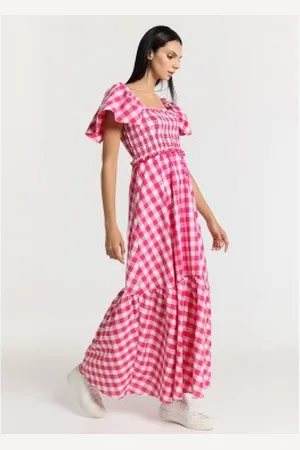 Lois Para mulher. 447992499 Vestido comprido boho com mangas em folhos, estampado em favo de mel e rosa multicolorido (XS), Casual, Al