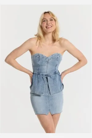Lois Para mulher. 448012610 Vestido curto de ganga com espartilho, sem ombros e com folho (S), Casual, Algodão, Denim, Poliéster