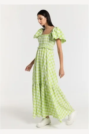 Lois Para mulher. 447992499 Vestido comprido boho com mangas de folhos, estampado em favo de mel e vichy, multicolorido, verde lima (X