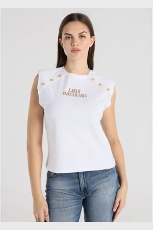 Lois Para mulher. 423332740 T-shirt sem mangas com pormenores de botões brancos (XS), Casual, Algodão, Manga curta