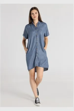 Lois Para mulher. 448512735 Vestido curto de manga curta para camisa com pregas azuis (XS), , Casual, Sintético, Denim