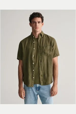 GANT Para homem. 3240121 Camisa de linho de manga curta de corte regular tingida em linho verde tingido à mão (4XL), Casual