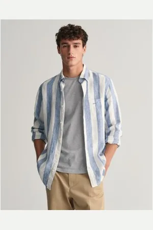 GANT Para homem. 3240080 Camisa de linho de corte regular com riscas azuis arrojadas (L), Azul, Casual, Manga comprida