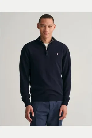 GANT Para homem. 87213 Camisola com meio fecho de correr azul-marinho (XL), Casual, Lã, Manga comprida