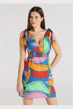 Lois Para mulher. 448252681 Vestido curto com estampado de folhas maxi nos ombros (XS), Casual, Multicolor, Viscoso, Sem mangas / corr