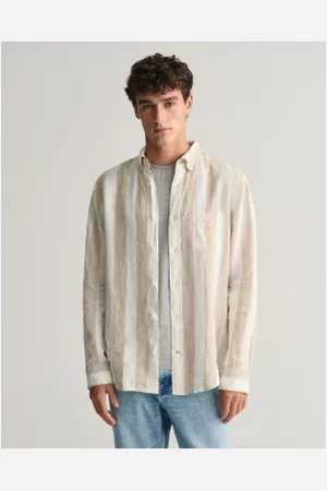 GANT Para homem. 3240080 Camisa de linho de corte regular com riscas bege arrojadas (L), Casual, Manga comprida