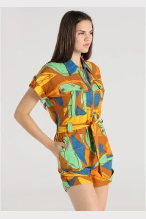 Lois Para mulher. 290412681 Macacão maxi com estampado de folhas e bolsos multicoloridos (XS), Casual, Viscoso, Manga curta