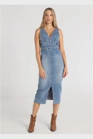 Lois Para mulher. 448472644 Vestido de alças cruzadas com rebites azuis (S), , Casual, Algodão, Denim, Sem mangas / correias