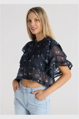 Lois Para mulher. 431812705 Top de manga curta com folhos e estampado floral em azul-marinho (XS), Casual, Poliéster