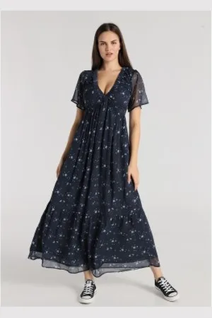 Lois Para mulher. 448342705 Vestido midi de manga curta com elástico no peito com estampado floral azul-marinho (XS), Casual, Poliéste