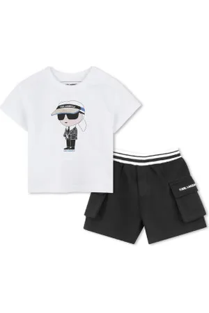 Karl Lagerfeld Para menino. Z30502 Conjunto de T-shirt e calções brancos e pretos (3meses= 60cm), Casual, Algodão, Manga curta, moda infanti
