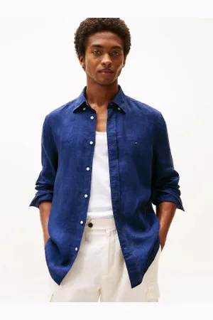 Tommy Hilfiger Para homem. MW0MW34602 Camisa de linho tingida com pigmentos da marinha (L), Casual, Manga comprida