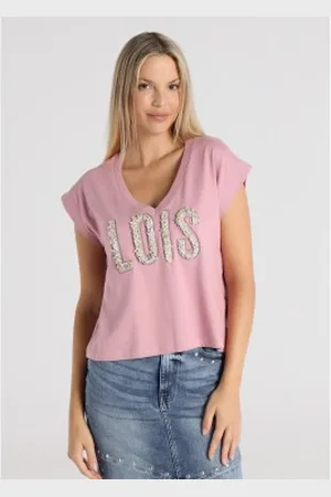 Lois Para mulher. 423162708 T-shirt de manga curta com decote em V cor-de- (L), Casual, Algodão