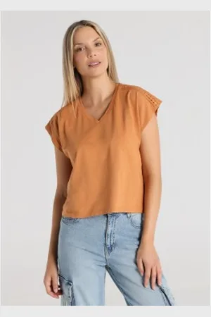 Lois Para mulher. 423302737 Camisola com gola alta e guarnições cor de laranja (S), Casual, Algodão, Manga curta