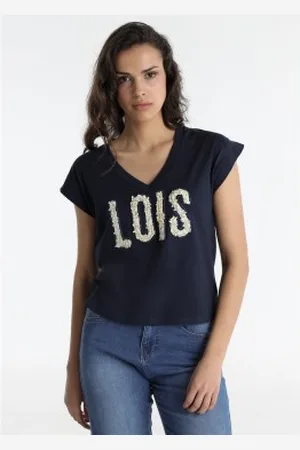 Lois Para mulher. 423162708 T-shirt de manga curta azul-marinho (XS), Casual, Algodão