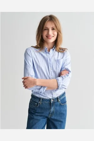 GANT Para mulher. 4300420 Camisa Oxford Regular Fit Archive riscas azuis (34), , Casual, Manga comprida, Algodão orgânico, Sustentável