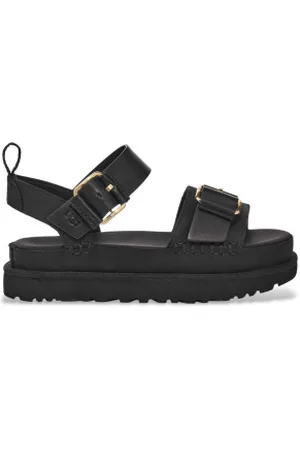 UGG Para mulher. 1167392 Sandálias Goldenstar Villa em pele preta (36), Couro, Plano, Fivela, Casual