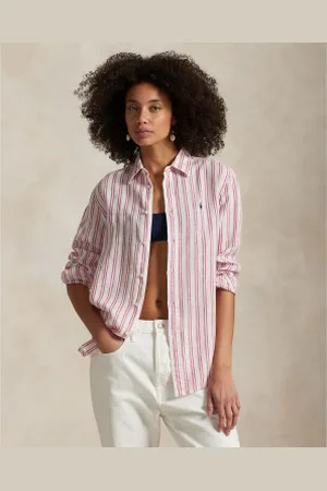 Ralph Lauren Para mulher. 211970691008 Camisa de linho cor-de- (XS), Casual, Manga comprida