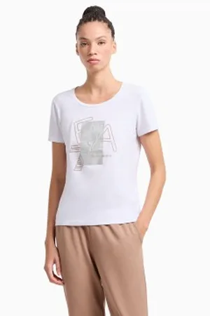 EA7 Para mulher. 7W000187_AF10373 T-shirt com o logótipo da série branca (L), , Casual, Algodão, Manga curta
