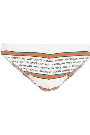AMIR SLAMA Striped slogan-print swimming trunks