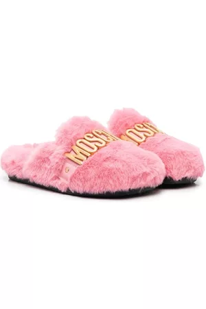 Moschino Kids Logo-plaque faux-fur slippers