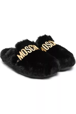 Moschino Menina Sapatos - Faux-fur logo slippers