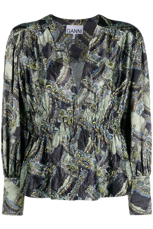 Ganni V-neck long-sleeve blouse