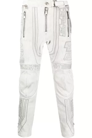 Balmain Homem Calças em Pele - Embroidered-design tapered leather trousers